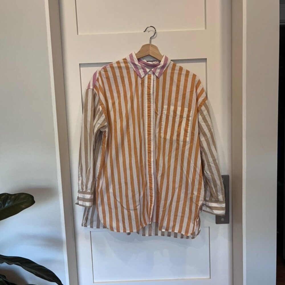 The Signature Poplin Oversized Shirt in Mixed Stripe  - ochre fresco M